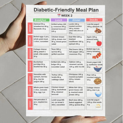 4-Week Diabetic Meal Plan with Grocery List – Balanced Breakfast, Lunch, Dinner & Snack Chart (PDF Printable)