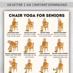 Chair Yoga for Seniors – Printable chart with 18 illustrated gentle seated poses including neck stretch, eagle arms, forward bend, and ankle circles