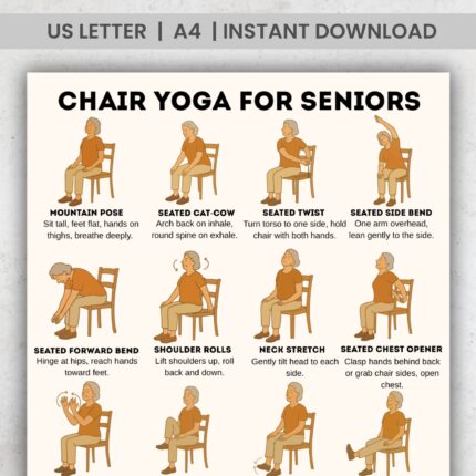 Chair Yoga for Seniors – Printable chart with 18 illustrated gentle seated poses including neck stretch, eagle arms, forward bend, and ankle circles