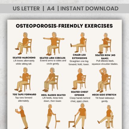 Illustrated osteoporosis-friendly exercises for seniors including chair and standing movements to promote bone health and flexibility.