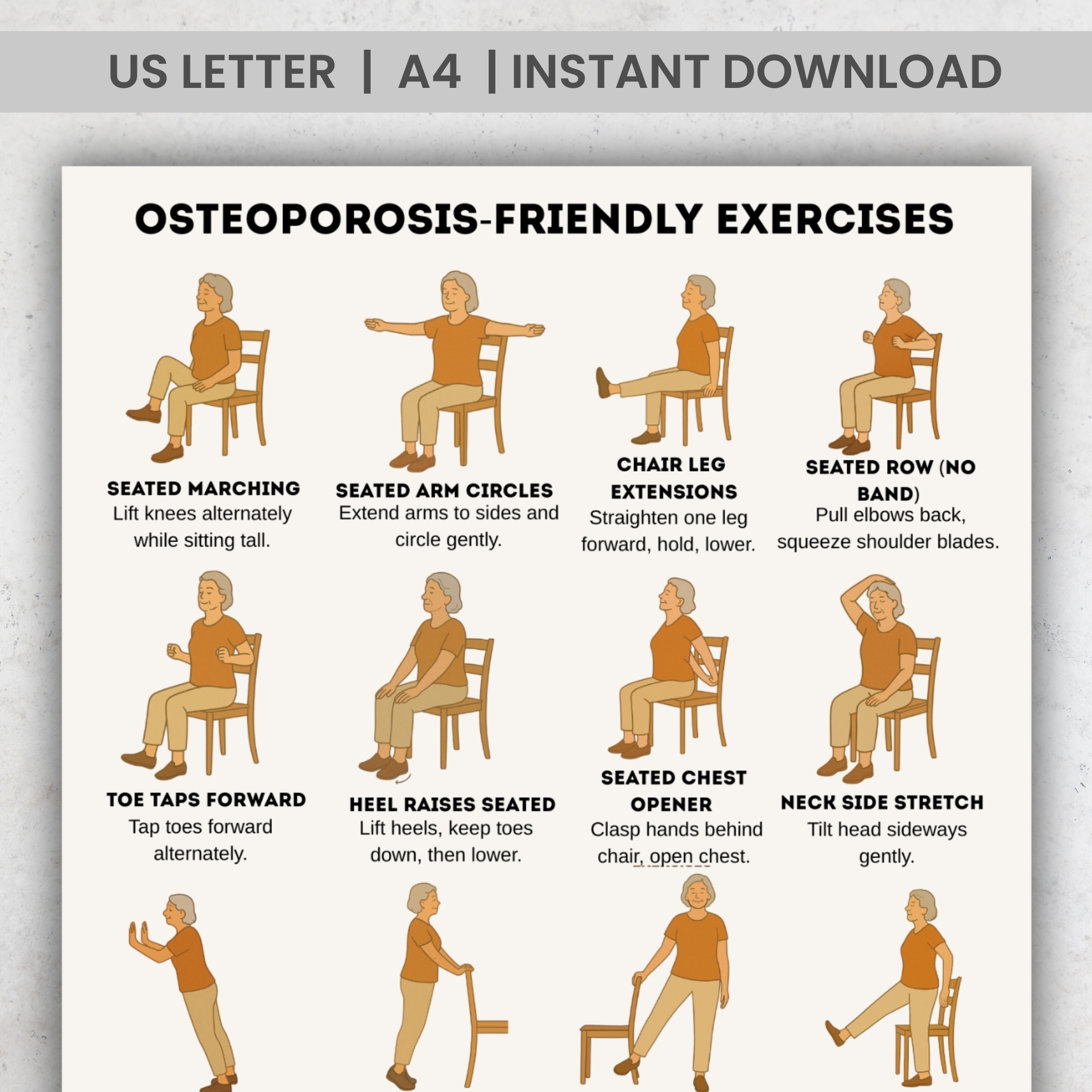 ✅ How to Download Illustrated osteoporosis-friendly exercises for seniors including chair and standing movements to promote bone health and flexibility.