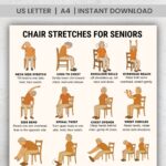 Illustrated chart showing 16 gentle chair stretches for seniors, including neck, back, shoulder, and leg seated exercises.