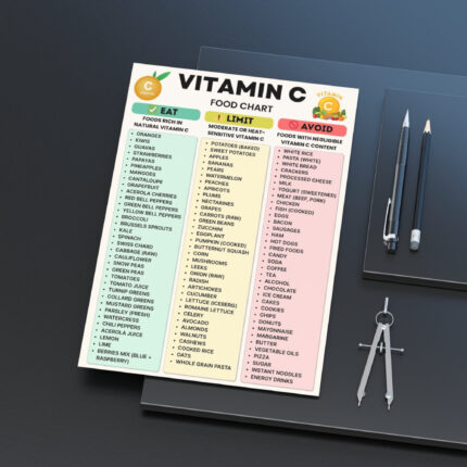 Printable Vitamin C food chart showing Eat, Limit, and Avoid foods based on vitamin C content.